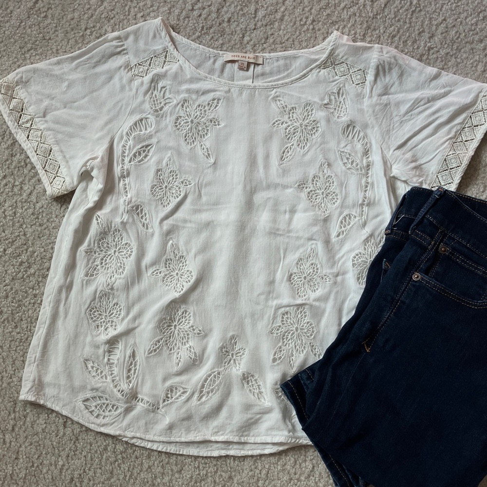 Skies Are Blue White Floral Embroidered Blouse